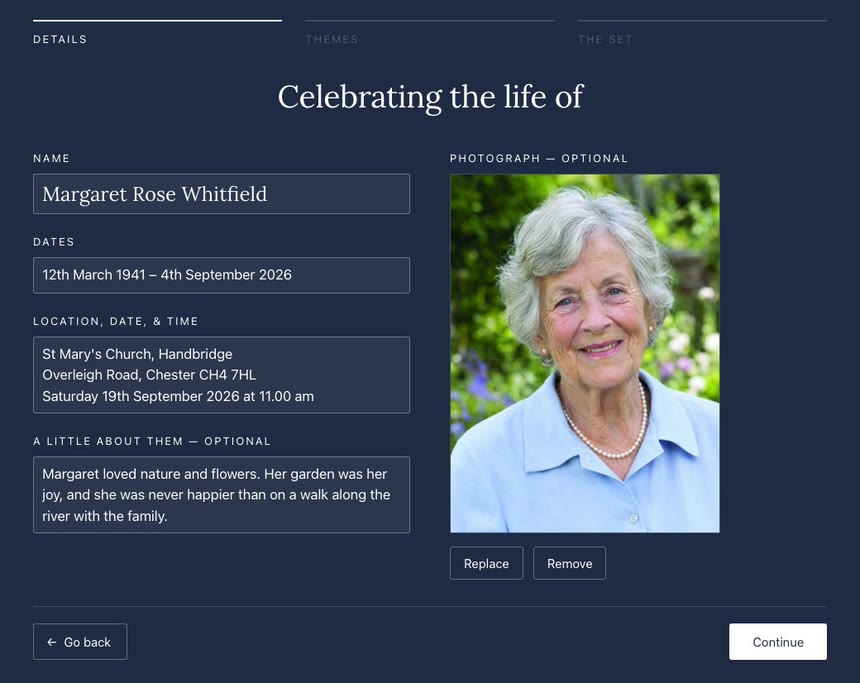 The details form filled in for Margaret Rose Whitfield, with her photograph